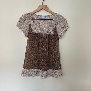 Bohemian Cottagecore Dolly Size Small Sheer Floral Print Babydoll Women's Top